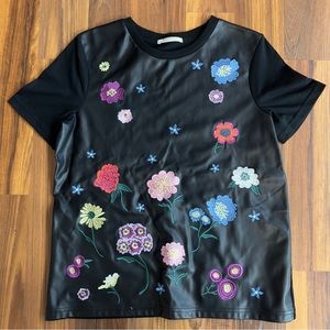 Faux leather embroidered tee